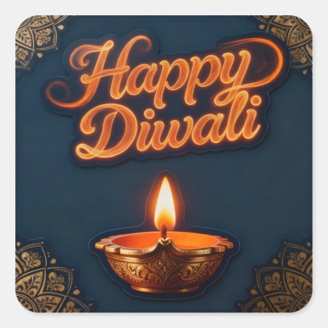 Cuadrada Diseño de pegatina de Diya de Diwali feliz brillan (Anverso)
