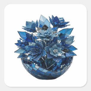 Cuadrada Diseño de pegatina de FLORES DE VIDRIO AZUL platea