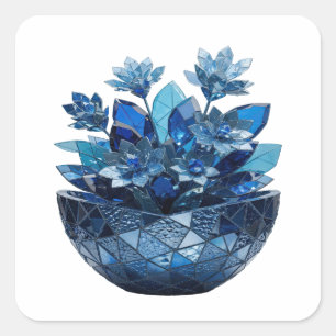 Cuadrada Diseño de pegatina de FLORES DE VIDRIO AZUL platea