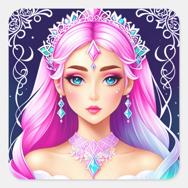 Cuadrada Diseño de Pegatina Princesa Rosa-Rosa bonito (Anverso)