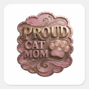 Cuadrada Diseño de pegatina PROUD CAT MOM de oro animado