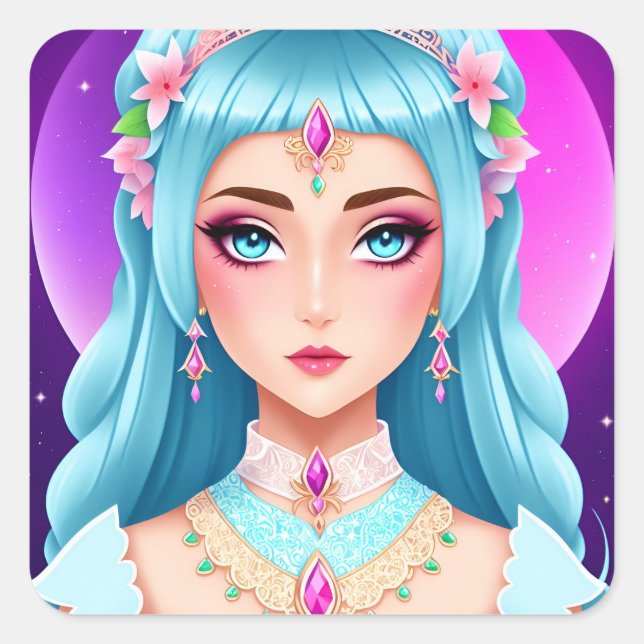 Cuadrada Diseño Pegatina de retrato de princesa de zafiro (Anverso)