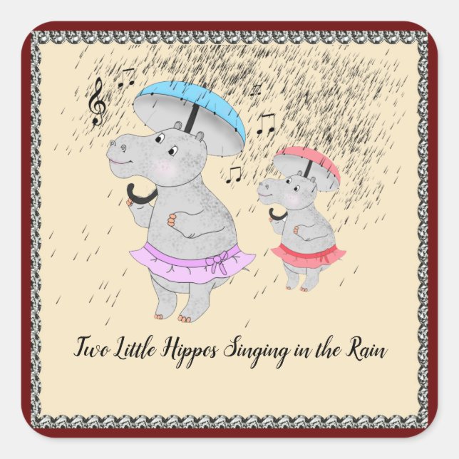 Cuadrada Dos pequeños hipopótamos cantando en el Pegatina d (Anverso)