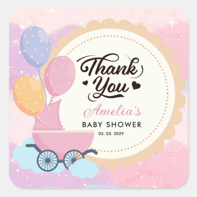 Cuadrada Dreamy Pastel Clouds Baby Shower Gracias Pegatina (Anverso)