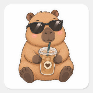 Cuadrada Dulce Capybara Amante del Café Kawaii Pegatina
