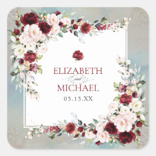 Cuadrada Dusty Blue Burgundy Rubor Boda Floral Pegatina