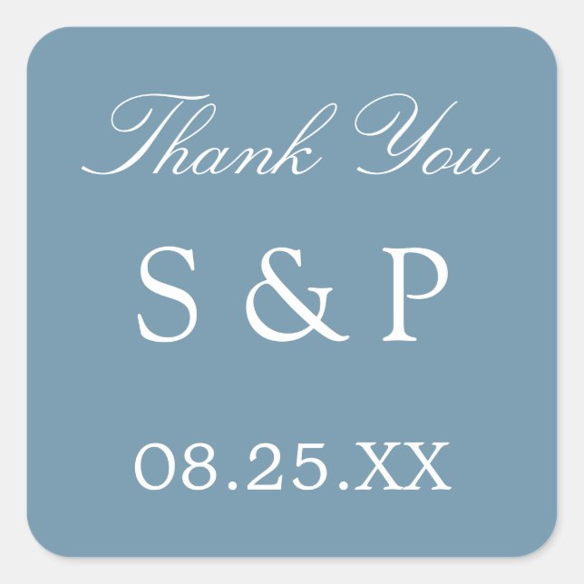 Cuadrada Dusty Blue Wedding Favor Gracias Pegatina (Anverso)