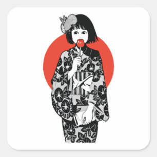 Cuadrada El japonés Anime Kawai Kimono Chica Pegatina