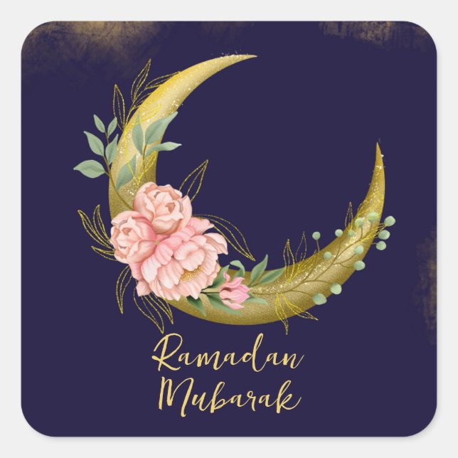 Cuadrada Elegante Luna Floral Ramadan Mubarak Pegatina (Anverso)
