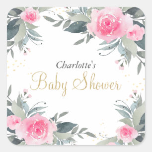 Cuadrada Elegante Pegatina de Baby Shower de Floral Rosa