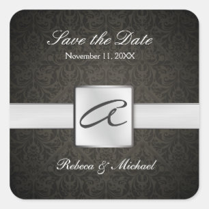 Cuadrada Elegante pegatina de bodas en monograma Damask