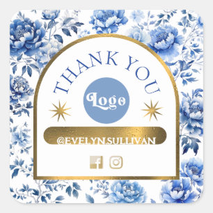 Cuadrada Elegante pegatina de flores azules chinoiserie