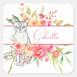 Cuadrada Elegante Pegatina personalizado de gato blanco