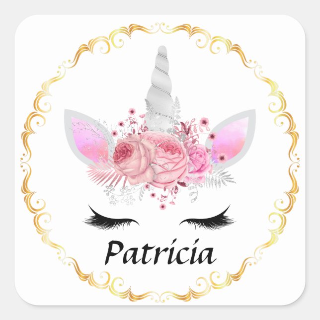 Cuadrada Elegante unicornio añadir nombre pegatina (Anverso)