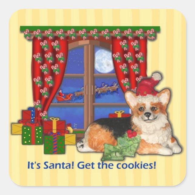 Cuadrada ¡Es Santa! ¡Trae las galletas!" Corgi Pegatina (Anverso)