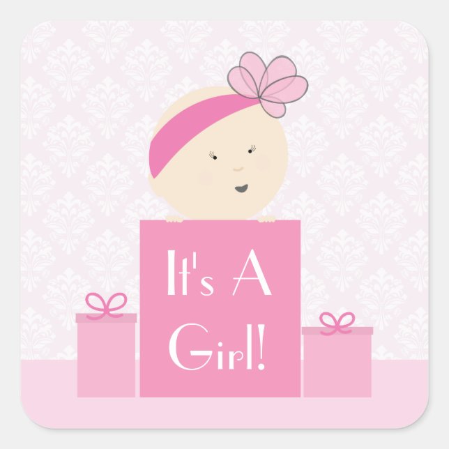 Cuadrada Es un Chica Pegatina de regalos rosas (Anverso)