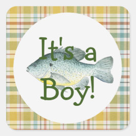 Cuadrada Es un Niño Pegatina para Baby Shower de Pesca