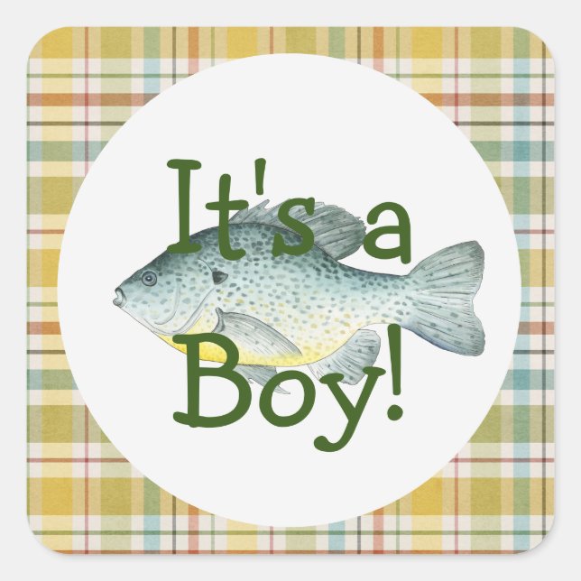 Cuadrada Es un niño pescando Pegatina de Baby Shower (Anverso)