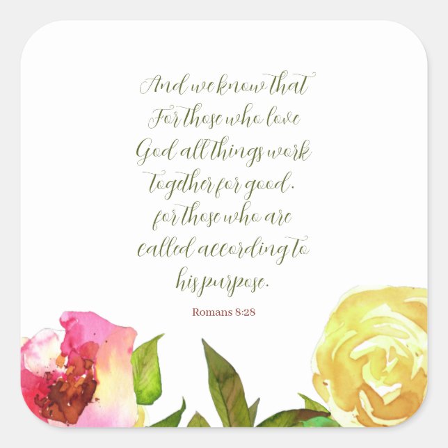 Cuadrada Escritura floral romanos 8:28 Pegatina (Anverso)