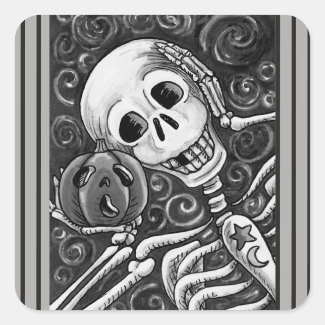 CUADRADA ESCUCHE SU PUMPKIN, PEGATINA DE HALLOWEEN SKELETON (Anverso)