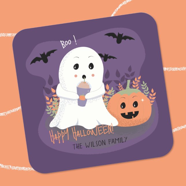 Cuadrada Espectacular fantasma Halloween Pegatina púrpura (Cute ghost purple Halloween sticker .
)