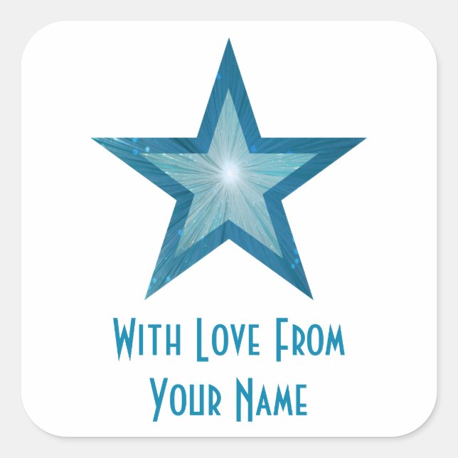 Cuadrada Estrella azul 'Con amor desde', blanco pegatina cu (Anverso)