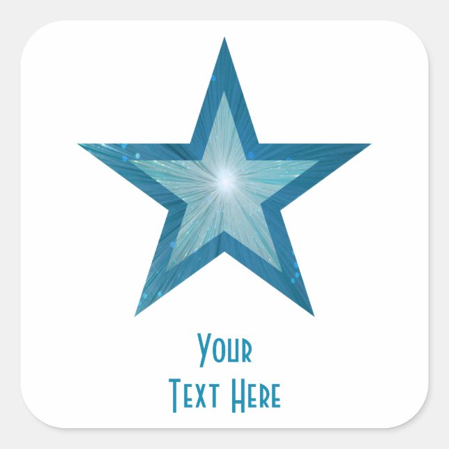 Cuadrada Estrella azul 'Tu texto' pegatina cuadrado blanco (Anverso)