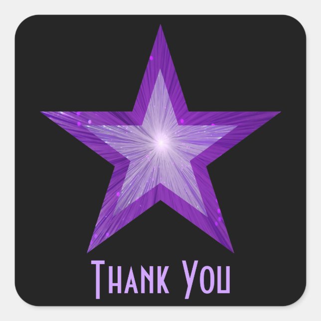 Cuadrada Estrella morada "Gracias" pegatina cuadrado negro (Anverso)