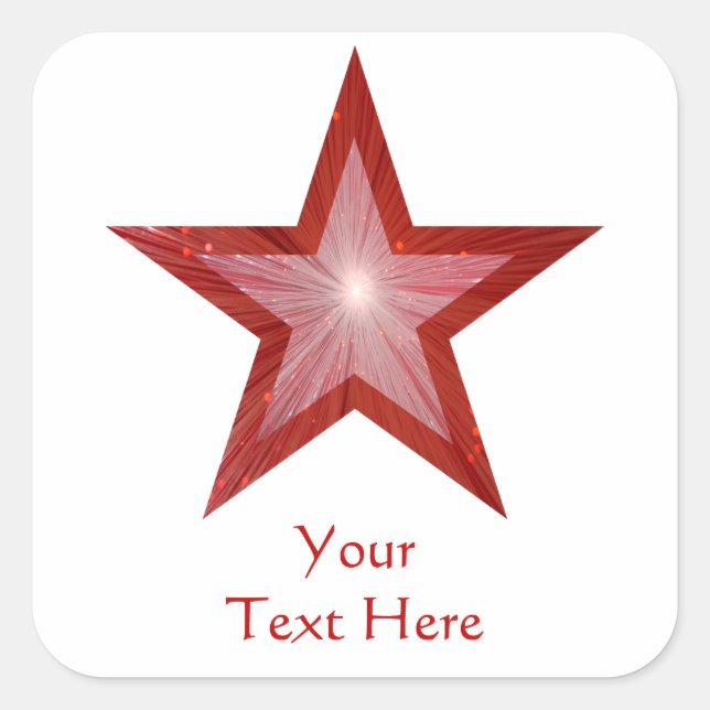 Cuadrada Estrella roja 'Tu texto' pegatina cuadrado blanco (Anverso)