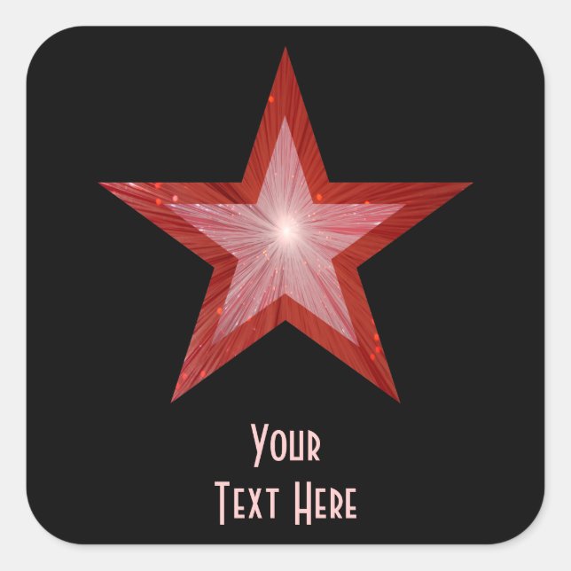 Cuadrada Estrella roja 'Tu texto' pegatina cuadrado negro (Anverso)