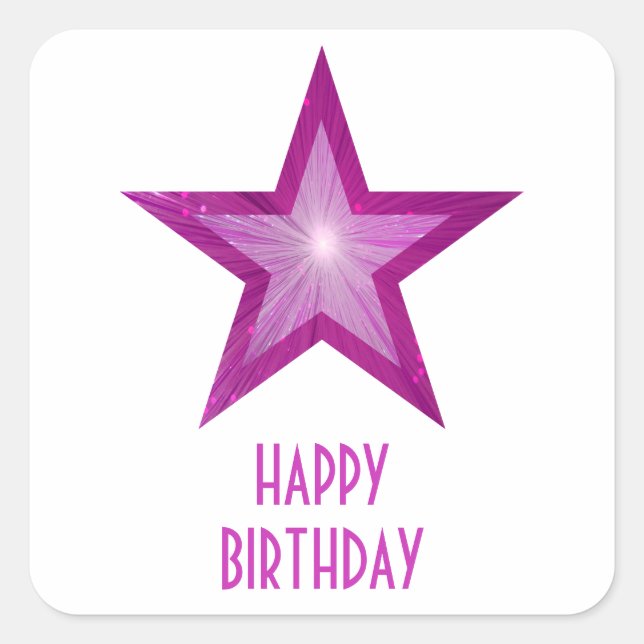 Cuadrada Estrella rosa 'Feliz Cumpleaños' blanco pegatina c (Anverso)