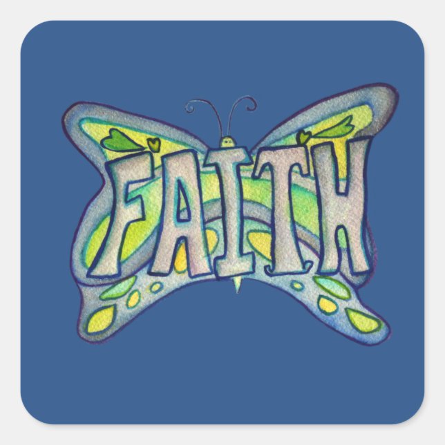 Cuadrada Faith Word Art Blue Butterfly Pegatina Decals (Anverso)