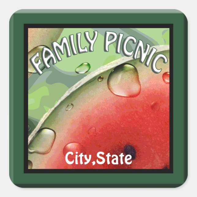 Cuadrada Familia Picnic Watermelon Name Tag Pegatina (Anverso)