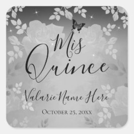 Cuadrada Fancy Rosas Quinceanera Silver Square Pegatina