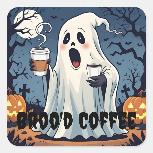 Cuadrada Fantasma pegatina café Broo-d Halloween Cafe (Anverso)
