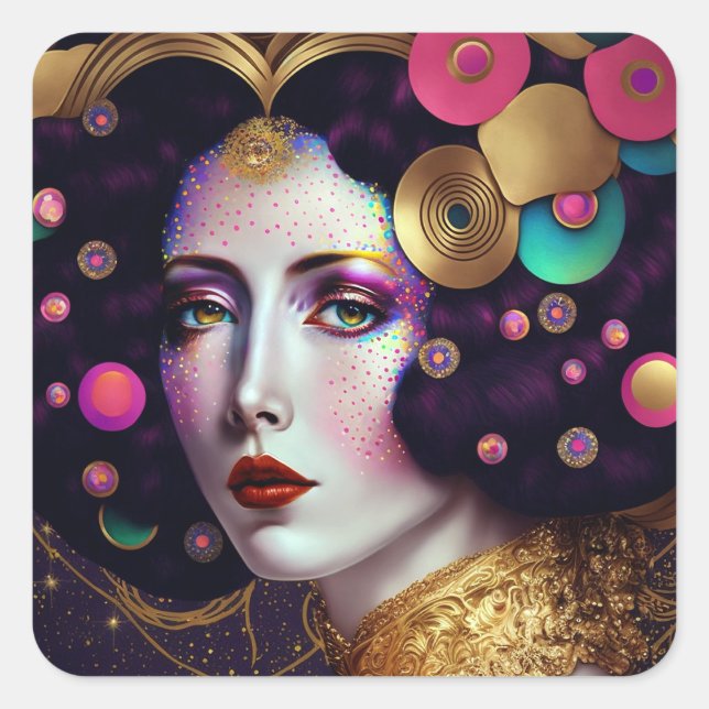 Cuadrada Fantasy Glam Mujer Pop Art Square Pegatina (Anverso)