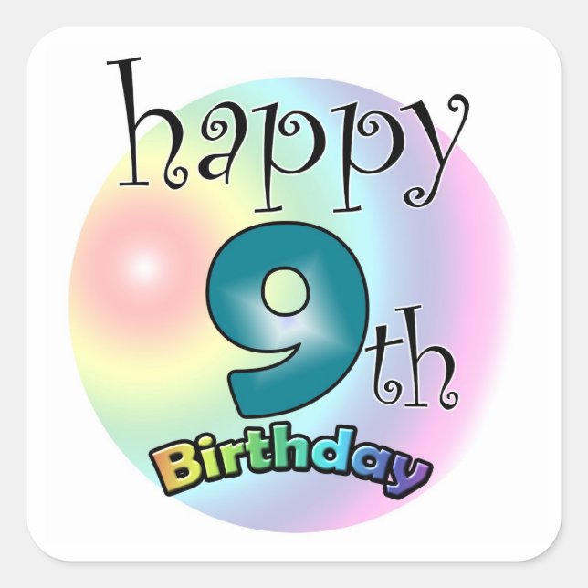 Cuadrada Feliz 9.º cumpleaños Pegatina Vierkante (Anverso)