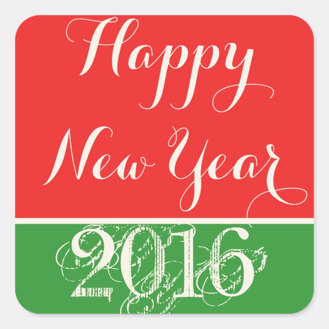 Cuadrada Feliz Año Nuevo 2016 Pegatina Verde Rojo (Anverso)