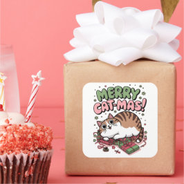 Cuadrada ¡Feliz Cat-mas! Pegatina Cuadrado de Navidades Cua