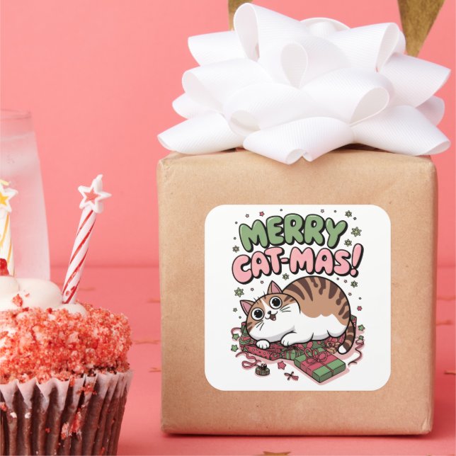 Cuadrada ¡Feliz Cat-mas! Pegatina Cuadrado de Navidades Cua (Fiesta)