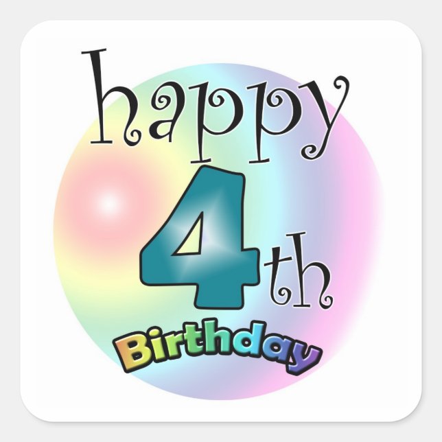 Cuadrada Feliz cuarto cumpleaños, Pegatina Vierkante (Anverso)