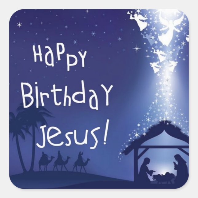 Cuadrada Feliz cumpleaños, Jesús Navidades Pegatina cuadrad (Anverso)