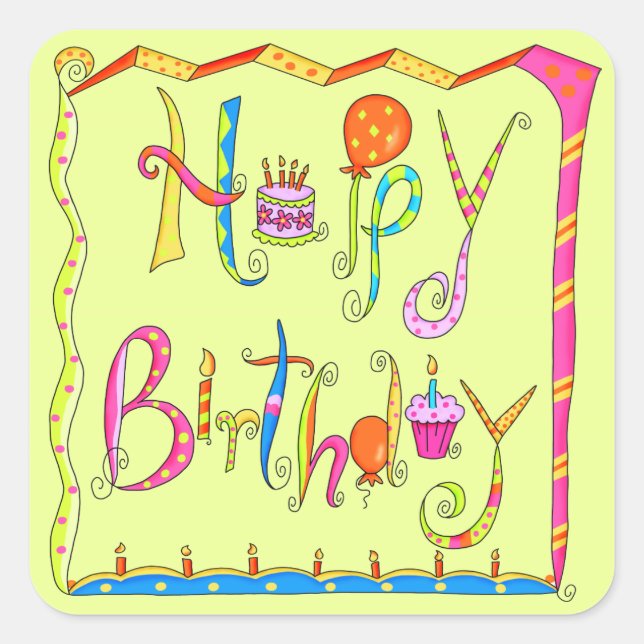 Cuadrada Feliz cumpleaños Lime Green Pegatina (Anverso)