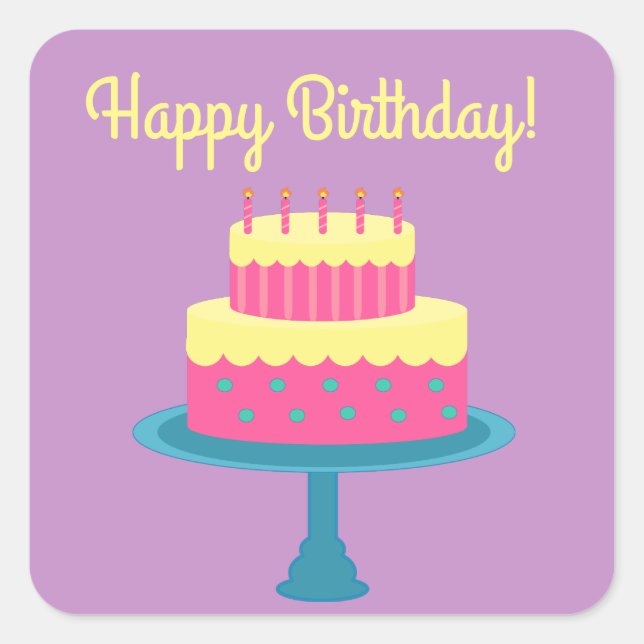 Cuadrada Feliz cumpleaños Pegatina con pastel (Anverso)