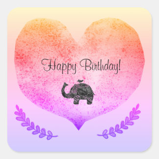 Cuadrada Feliz cumpleaños Pegatina de Elefante de Corazón B