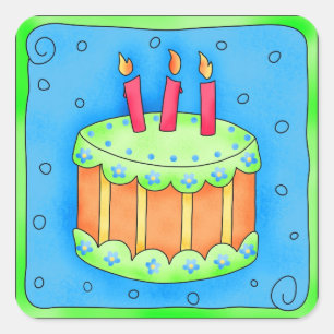 Cuadrada Feliz cumpleaños, Pegatina de Pastel Azul Tercero
