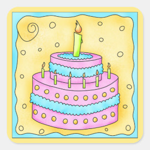 Cuadrada Feliz cumpleaños Pegatina de pasteles rosados prim