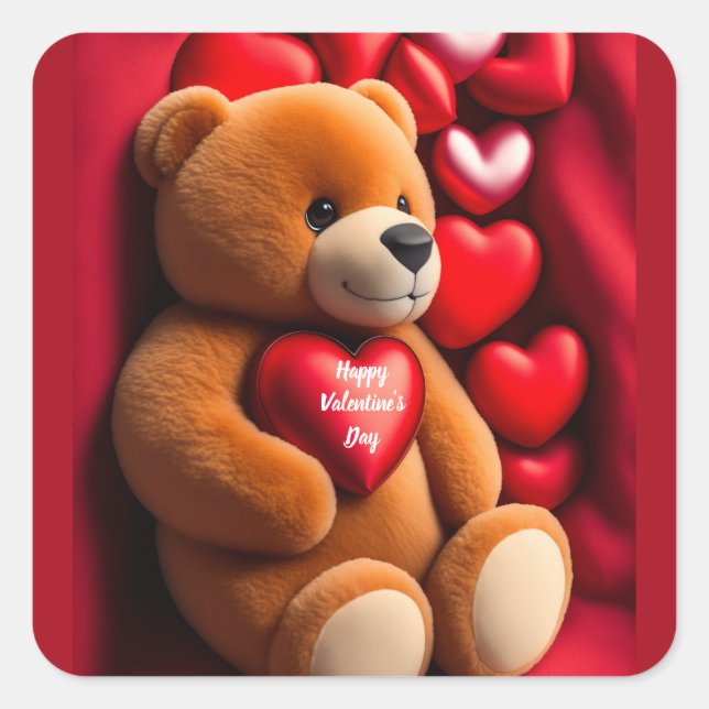 Cuadrada Feliz Día de San Valentín, pegatina de oseos Teddy (Anverso)
