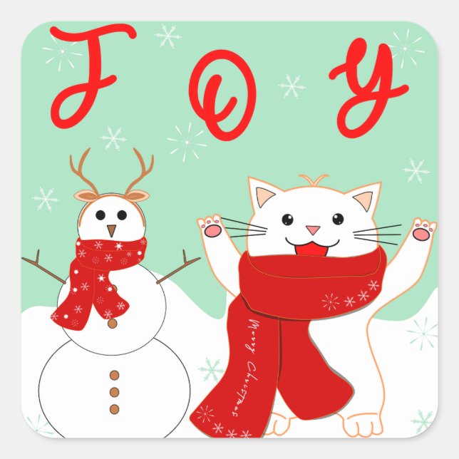 Cuadrada Feliz Gato con Snowman | Pegatina de Navidad suave (Anverso)