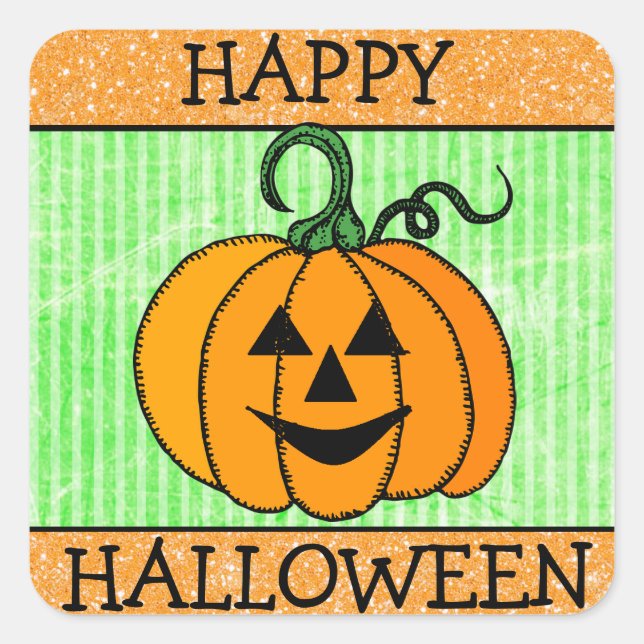 Cuadrada Feliz Naranja de Halloween y Pegatina de calabaza  (Anverso)